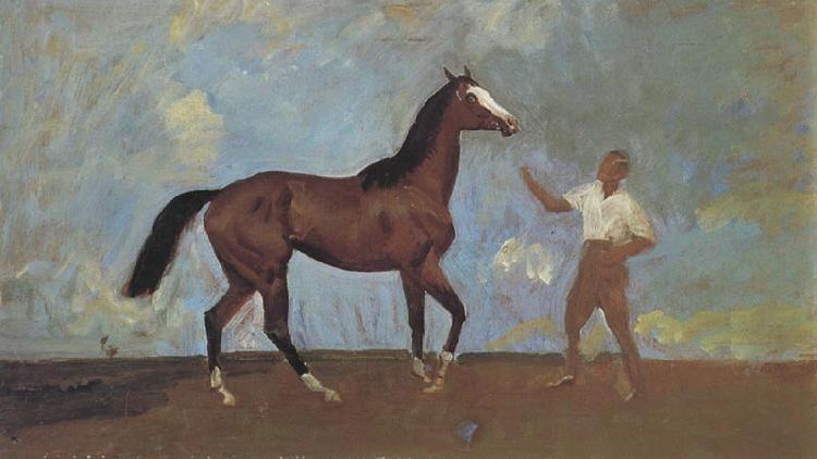 Sir Alfred Munnings,P.R.A The Racehorse 'Amberguity'  Held by Tom Slocombe Sweden oil painting art